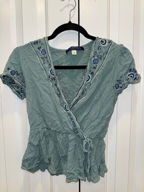 Blue Rain Sage Green Embroidered Wrap Blouse